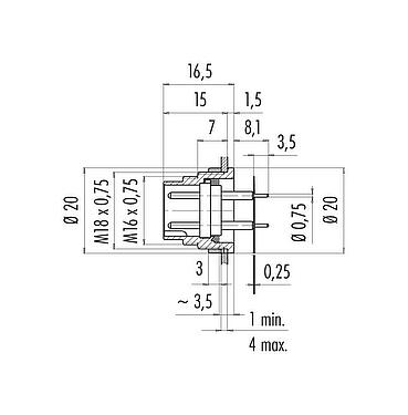 Výkres v měřítku M16 Přírubová zátka, : 7 (07-a), nestíněný, THT, IP40, M18x0,75, Montáž na zadní stěnu