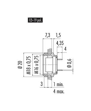Výkres v měřítku M16 Přírubová zásuvka, : 12 (12-a), nestíněný, THT, IP40, M18x0,75, Montáž na zadní stěnu