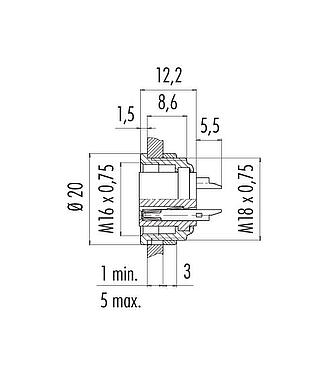 Dibujo a escala M16 Toma de brida, Número de contactos: 2 (02-a), sin blindaje, soldadura, IP40, M18x0,75, Montaje frontal