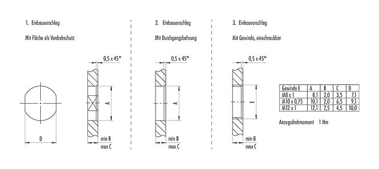 Montageanleitung / Montageausschnitt M8 Flanschdose, Polzahl: 6, schirmbar, THT, IP67, UL 2238, M10x0,75, Rückwandmontage