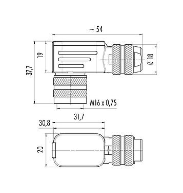 스케일 드로잉 99 5122 750 06 - M16 각진 소켓, 콘택트 렌즈: 6 (06-a), 4.0-6.0mm, 차폐 가능, 크림프(크림프 접점은 별도로 주문해야 함), IP67, UL