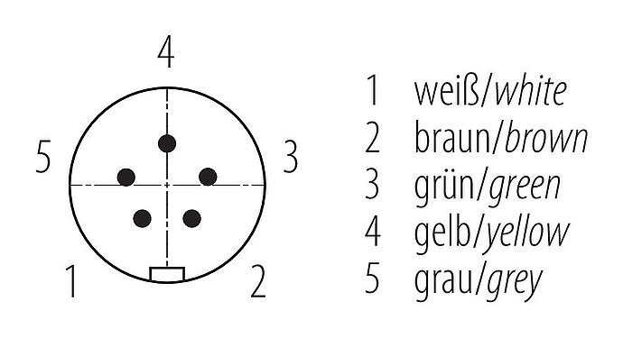 Koskettimien järjestys (plug in -puoli) Snap-In Kulmapistoke, Napojen määrä: 5, 2,5-4,0 mm, suojaamaton, juotos, IP67