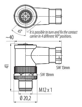 Dibujo a escala M12 Conector macho en ángulo, Número de contactos: 3, 4,0-6,0 mm, sin blindaje, tornillo extraíble, IP67, UL 2238