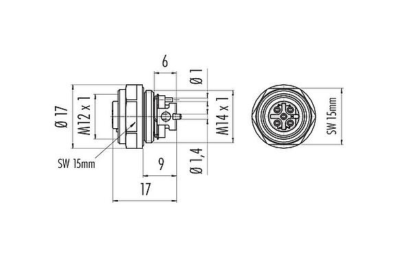 Scale drawing M12 Female panel mount connector, Contacts: 5, shieldable, SMT, IP67, M14x1.0, Front mounting