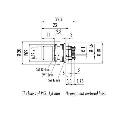 Dibujo a escala M12 Enchufe de brida, Número de contactos: 5, blindable, THT, IP68, UL 2238, PG 9, Montaje en pared