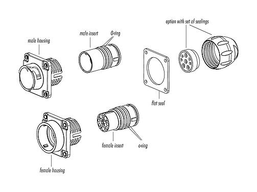 Component part drawing Bayonet Male panel mount connector, Contacts: 4+PE, unshielded, crimping (Crimp contacts must be ordered separately), IP68/IP69K, UL 2238, VDE, Front mounting, UV resistant