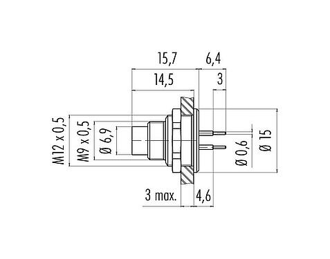 Maßzeichnung 09 0403 90 02 - M9 Flanschstecker, Polzahl: 2, ungeschirmt, THT, IP67, von vorne verschraubbar