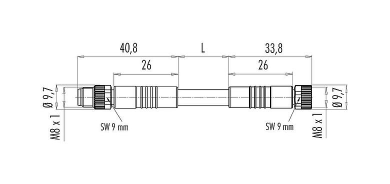 Dibujo a escala M8 Cable de conexión conector de cable macho - conector de cable hembra, Número de contactos: 4, sin blindaje, moldeado en el cable, IP67/IP69K, UL 2238, PUR, negro, 4 x 0,34 mm², 1 m