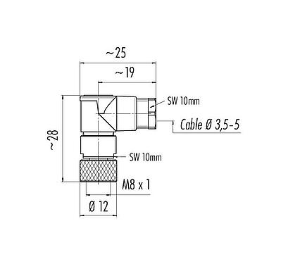 Dibujo a escala M8 Conector hembra en ángulo, Número de contactos: 3, 3,5-5,0 mm, sin blindaje, soldadura, IP67, UL 2238