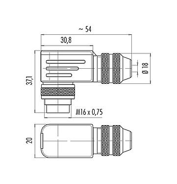 Scale drawing M16 Male angled connector, Contacts: 5 (05-a), 4.0-6.0 mm, shieldable, solder, IP67, UL 2238