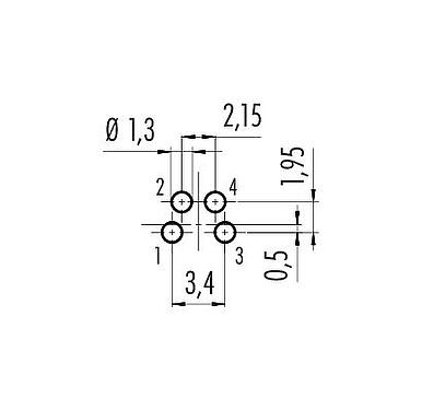 Conductor layout M8 Male panel mount connector, Contacts: 4, unshielded, THT, IP67, UL 2238, M8x1.0, Rear mounting