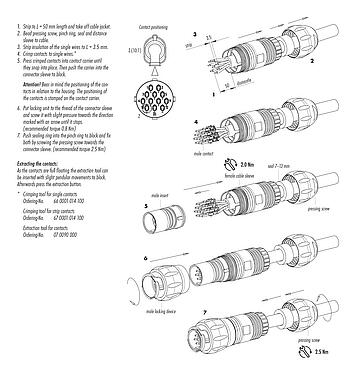 Kokoonpano-ohjeet Pistin Kaapelipistoke, Napojen määrä: 12, 7,0-13,0 mm, suojaamaton, puristusliittäminen (puristusliitoskoskettimet on tilattava erikseen), IP68/IP69K, UL 2238, VDE, UV-Beständig