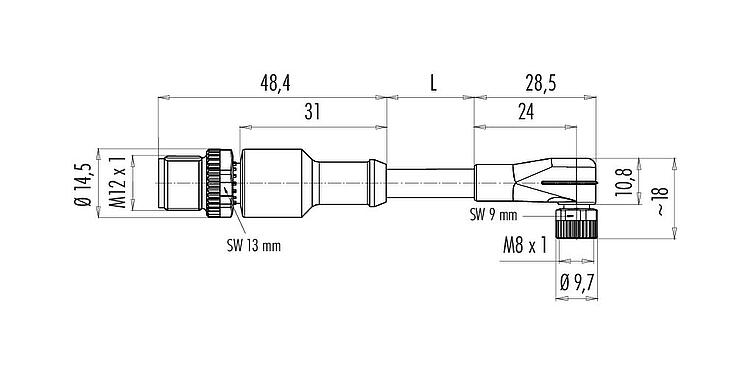 Scale drawing M12/M8 Male cable connector - female angled connector, Contacts: 3, unshielded, moulded on the cable, IP67/IP69K, PUR, black, 3 x 0.25 mm², with LED PNP, 1 m