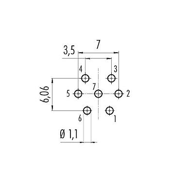 Conductor layout 09 0128 90 07 - M16 Female panel mount connector, Contacts: 7 (07-a), unshielded, THT, IP67, UL, front fastened
