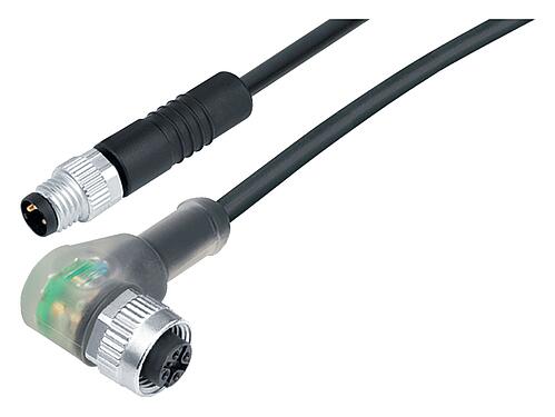 Illustration M12/M8 Male cable connector - female angled connector, Contacts: 4, unshielded, moulded on the cable, IP67/IP69K, PUR, black, 4 x 0.25 mm², with LED PNP, 1 m