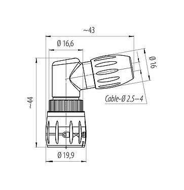 Dibujo a escala Bayoneta Conector macho en ángulo, Número de contactos: 8, 2,5-4,0 mm, sin blindaje, soldadura, IP67