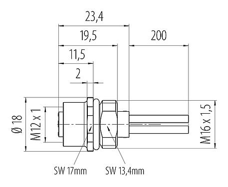 Dessin coté M12 Embase femelle, Contacts: 4, non blindé, fils, IP68, UL 2238, M16x1,5, Montage frontal
