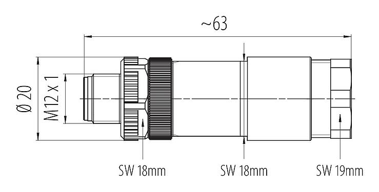 스케일 드로잉 99 0437 142 05 - M12 듀오 케이블 커넥터, 콘택트 렌즈: 5, 2x케이블Ø2.10-3.0mm또 Ø4.0-5.0mm, 차폐되지 않음, 나사 클램프, IP67, UL