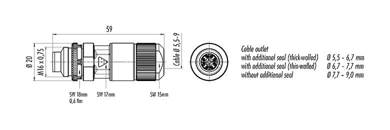 Scale drawing M16 Male cable connector, Contacts: 8, 5.5-9.0 mm, shieldable, IDC, IP67