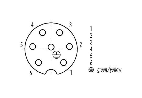 Disposición de los contactos (lado de la conexión) RD24 Conector de cable hembra, Número de contactos: 6+PE, 10,0-12,0 mm, sin blindaje, tornillo extraíble, IP67, PG 13,5