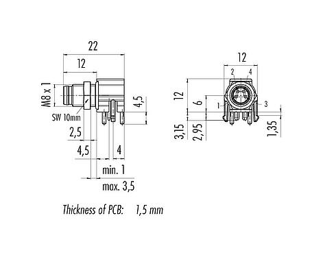 Méretarányos rajz M8 panelre szerelhető csatlakozó, derékszögű, : 4, árnyékolatlan, THR, IP67, UL 2238, hátsó panel felszerelés