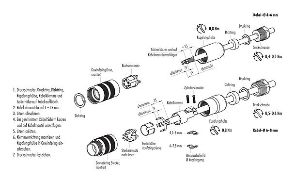 Montageanleitung M16 Kabelstecker, Polzahl: 7 (07-a), 4,0-6,0 mm, schirmbar, löten, IP67, UL 2238