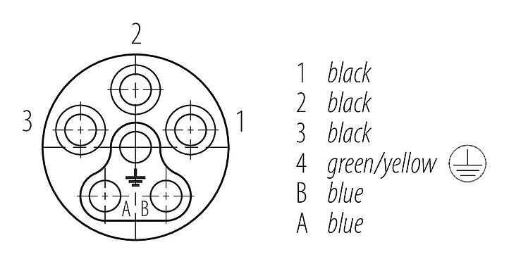 Contact arrangement (Plug-in side) 09 6112 150 06 - Bayonet Female panel mount connector, Contacts: 6 (3+PE+2), not shielded, single wires, IP66/IP67, M20x1.5