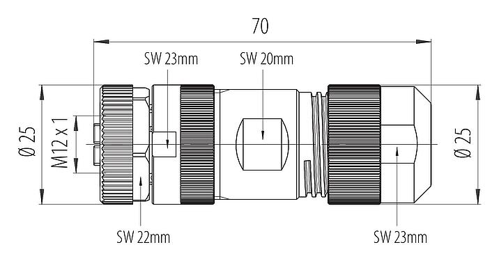 Dibujo a escala M12 Conector de cable hembra, Número de contactos: 4+FE, 8,0-13,0 mm, sin blindaje, tornillo extraíble, IP67, UL 2238, M12x1,0