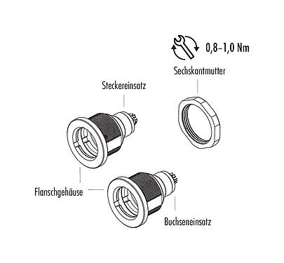 Einzelteildarstellung Push Pull Flanschstecker, Polzahl: 8, ungeschirmt, löten, IP40, M14x0,5, Frontmontage