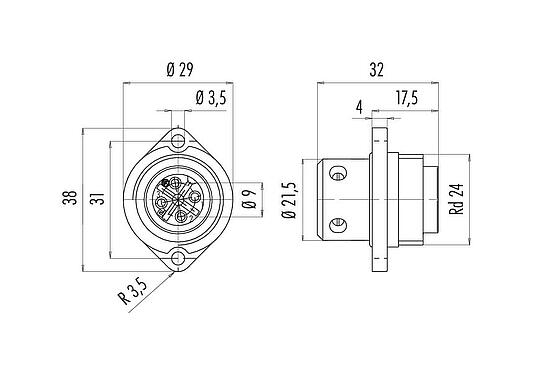 Scale drawing RD24 Male panel mount connector, Contacts: 3+PE, unshielded, screw clamp, IP67, UL, ESTI+, VDE, Front mounting