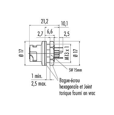 Dessin coté Baïonnette Embase femelle, Contacts: 5, non blindé, THT, IP54 débranché, M13x1,0, Montage frontal