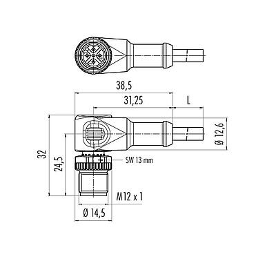 Scale drawing 77 3427 0000 80005-1000 - M12 Male angled connector, Contacts: 5, unshielded, moulded on the cable, IP68, UL, PUR, orange, 5 x 0.34 mm², for welding applications, 10 m