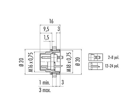 Schaaltekening 09 0111 00 04 - M16 Male panel mount connector, aantal polen: 4 (04-a), onafgeschermd, soldeer, IP67, UL