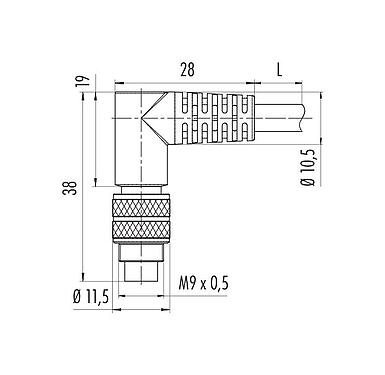 Scale drawing 79 1410 75 04 - M9 Female angled connector, Contacts: 4, shielded, moulded on the cable, IP67, PUR, black, 5 x 0.25 mm², 5 m