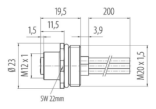 Dessin coté M12 Embase femelle, Contacts: 4, non blindé, fils, IP68, UL 2238, M20x1,5, Montage frontal