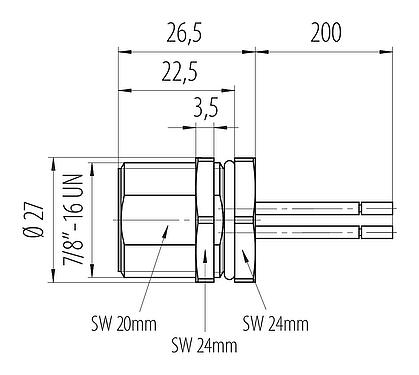 Dibujo a escala 7/8" Enchufe de brida, Número de contactos: 4+PE, sin blindaje, hilos, IP68, UL 2238, VDE, Montaje frontal