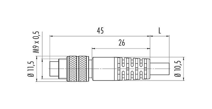 Dessin coté M9 Connecteur mâle, Contacts: 2, blindé, surmoulé sur le câble, IP67, PUR, noir, 5 x 0,25 mm², 5 m