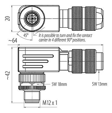Dessin coté M12 Connecteur mâle coudé, Contacts: 4, 5,0-8,0 mm, blindable, pince à visser, IP67, UL 2238, ressort à iris