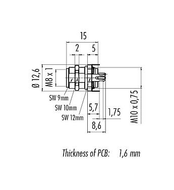 스케일 드로잉 09 3420 81 04 - M8 플랜지 리셉터클, 콘택트 렌즈: 4, 차폐 가능, THT, IP67, M10x0.75, 전면 마운팅