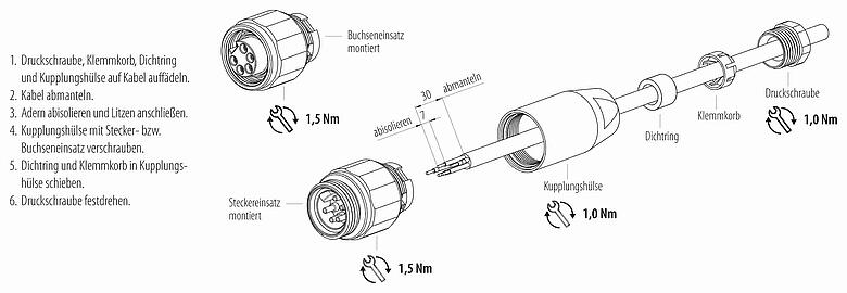 Montageanleitung 7/8" Kabelstecker, Polzahl: 4+PE, 6,0-8,0 mm, ungeschirmt, schraubklemm, IP67, UL 2238, VDE