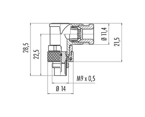 Maßzeichnung 99 0409 70 04 - M9 Winkelstecker, Polzahl: 4, 3,5-5,0 mm, ungeschirmt, löten, IP67