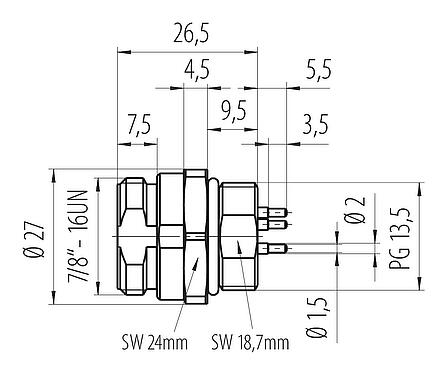 Dibujo a escala 7/8" Enchufe de brida, Número de contactos: 2+PE, sin blindaje, THT, IP68, UL 2238, VDE, Montaje frontal