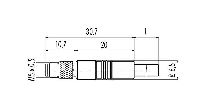 Scale drawing M5 Male cable connector, Contacts: 4, unshielded, moulded on the cable, IP67, UL 2238, M5x0.5, PUR, black, 4 x 0.25 mm², 2 m