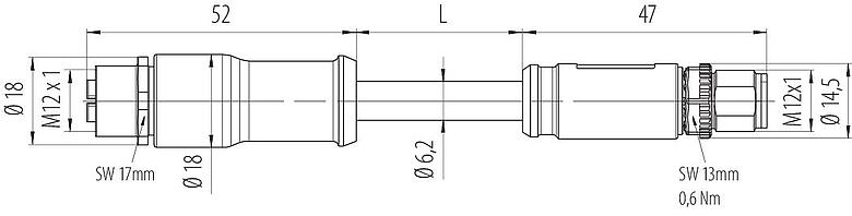 Dessin coté 77 4506 4505 90708-0200 - M12/M12 Câble de raccordement connecteur mâle - connecteur femelle, Contacts: 8, blindé, surmoulé sur le câble, IP67, M12x1,0, E-beam X-FRNCL/LSNH, bleu, 2 m