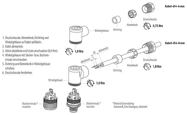 Montageanleitung M12 Winkeldose, Polzahl: 5, 4,0-6,0 mm, ungeschirmt, schraubklemm, IP67, UL 2238
