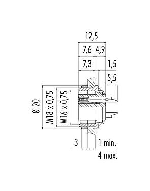 Desenho da escala M16 Soquete de flange, Contatos: 2 (02-a), desprotegido, solda, IP40, M18x0,75, Montagem no painel traseiro