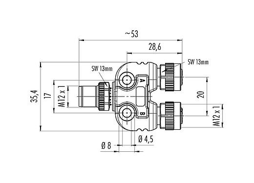 Maßzeichnung M12 Zweifachverteiler, Y-Verteiler, Stecker - 2 Dosen, Polzahl: 4/3, ungeschirmt, steckbar, IP68, UL 2238, mit LED PNP