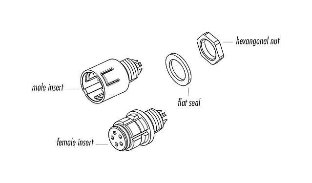 Component part drawing Snap-In Male panel mount connector, Contacts: 5, unshielded, THT, IP67, M8x0,75, Front mounting