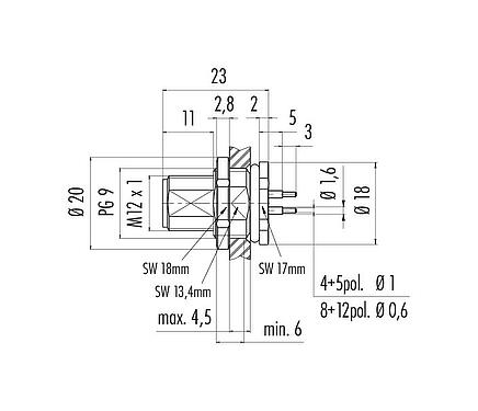 Dibujo a escala M12 Enchufe de brida, Número de contactos: 5, sin blindaje, THT, IP68, UL 2238, PG 9, Montaje en pared