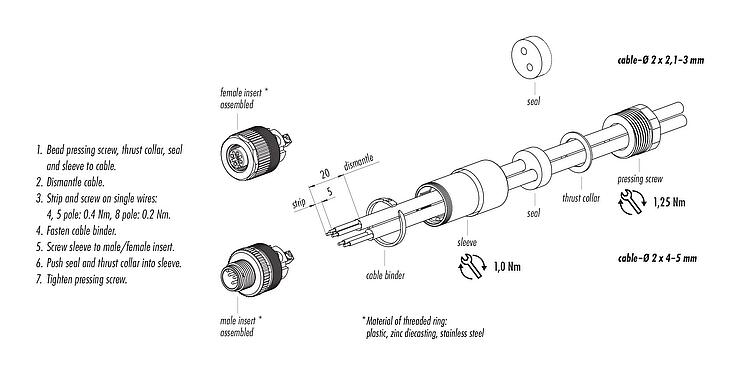 Instrucción de montaje M12 conector dúo de cable hembra, Número de contactos: 8, 2.1-3.0 mm (2 Cable) o 4-5 mm (2 Cable), sin blindaje, tornillo extraíble, IP67, UL 2238